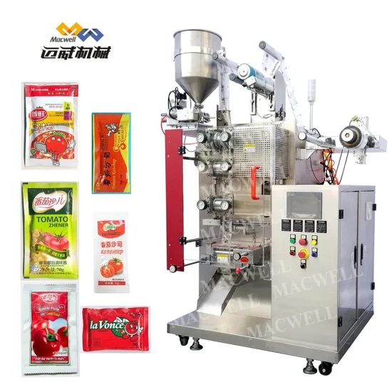 Macwell Bustina Automatica Sigillatura Verticale Riempimento Macchina Confezionatrice per Imballaggi Alimentari con Salsa/Concentrato di Pomodoro/Olio/Condimento per Tagliatelle/Ketchup/Caffè/Burro di Arachidi